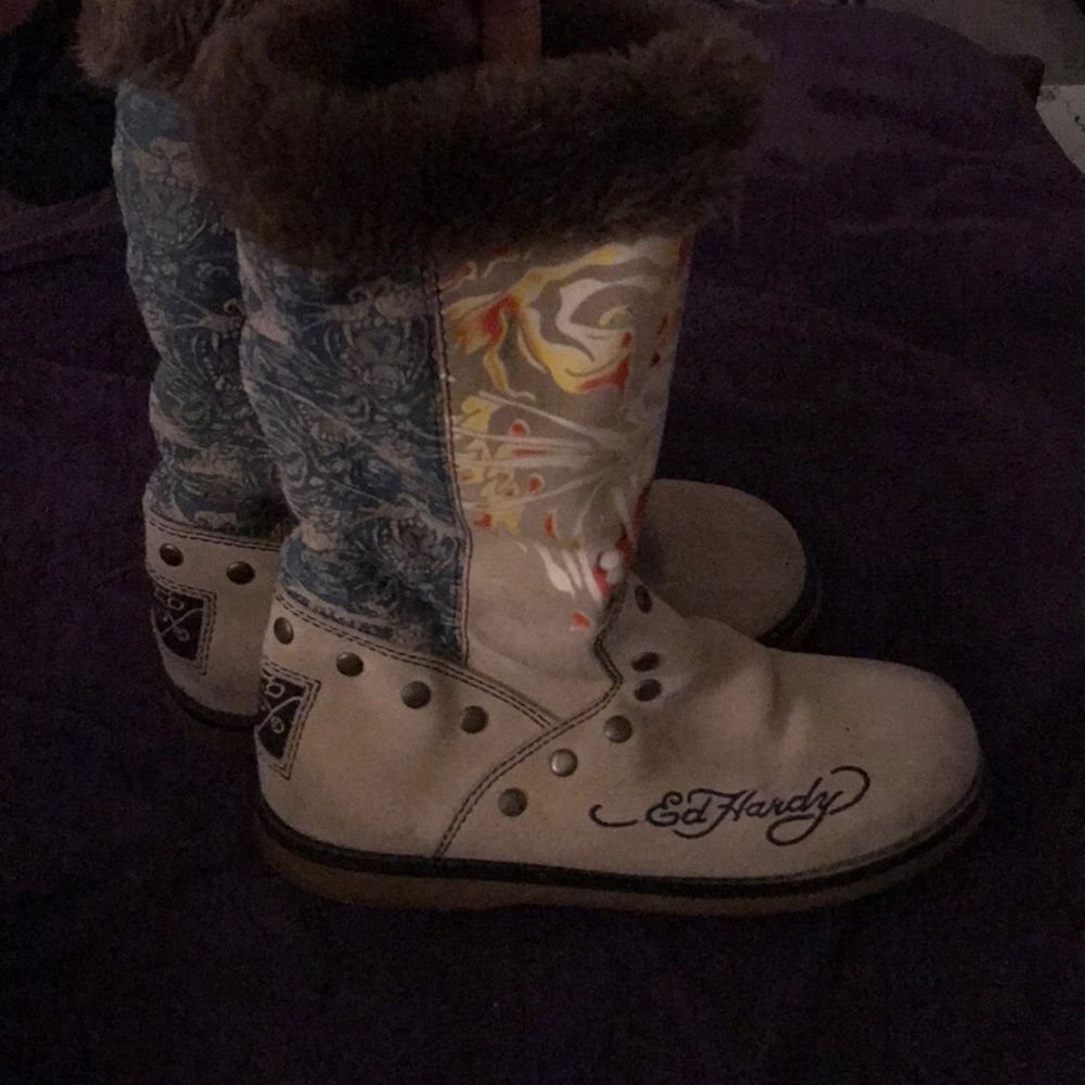 Beige and multicolor mid calf boots